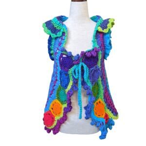 Handmade Boho Waterfall Tie-Front Sleeveless Shrug Cardigan S/M